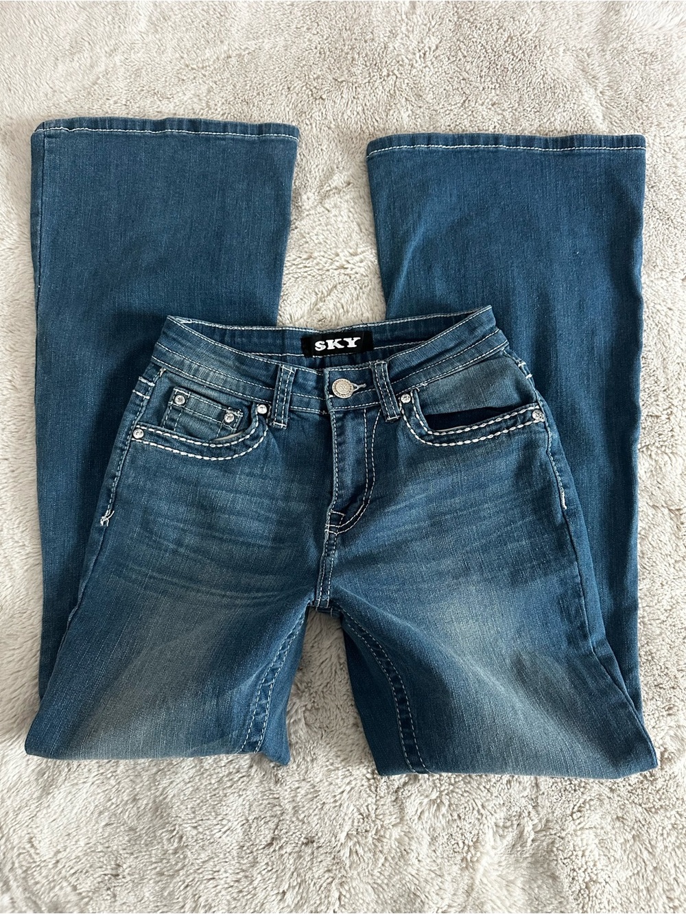 Sky Women's Dark Blue Flare Jeans with Contrast Stitching